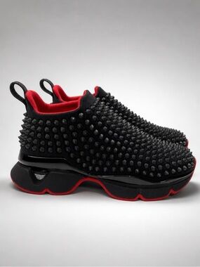 Christian Louboutin Black & Red Studded Slip-On Sneakers